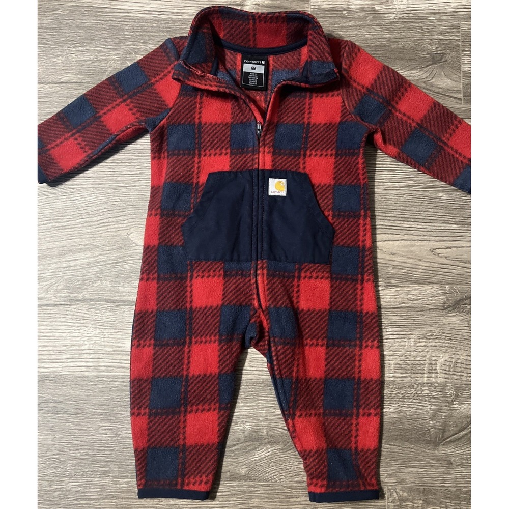 Carhartt Baby 6M Fleece Coverall Red Buffalo Plaid Full Zip One Piece Bunting